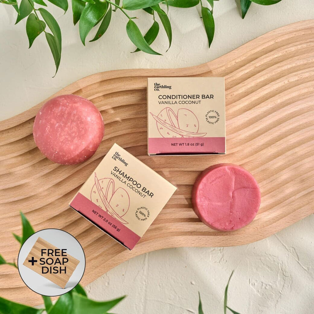 50% Off Shampoo & Conditioner for Hair Strength and Moisture + Free 4" Wooden Soap Dish Vanilla Coconut