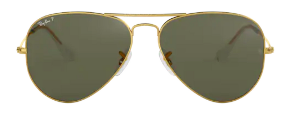 Ray Ban aviator 3025 classic trendy popular shiny gold polarized green g15 male female boys girls sunglasses front view